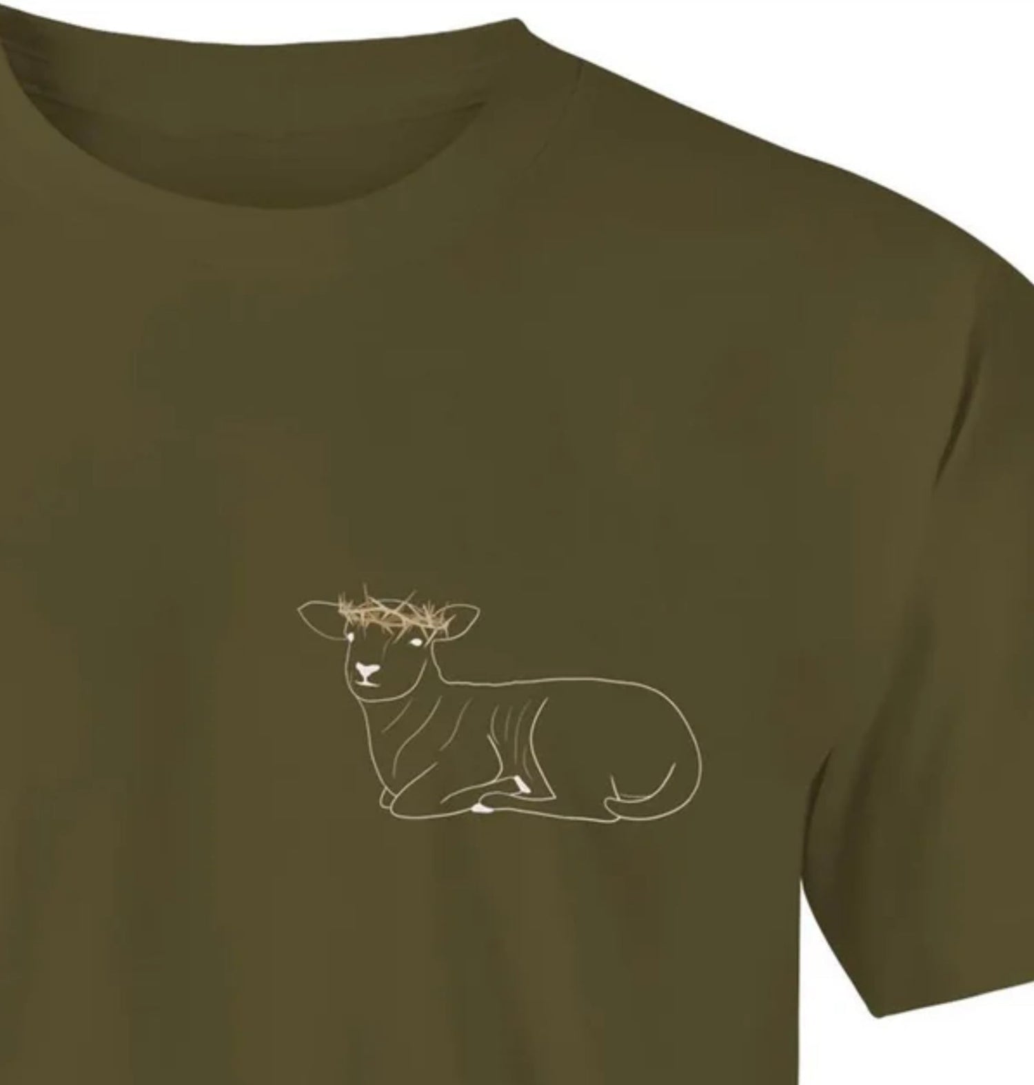 moss green t-shirt with graphic on left chest of a lamb laying down wearing a crown of thorns