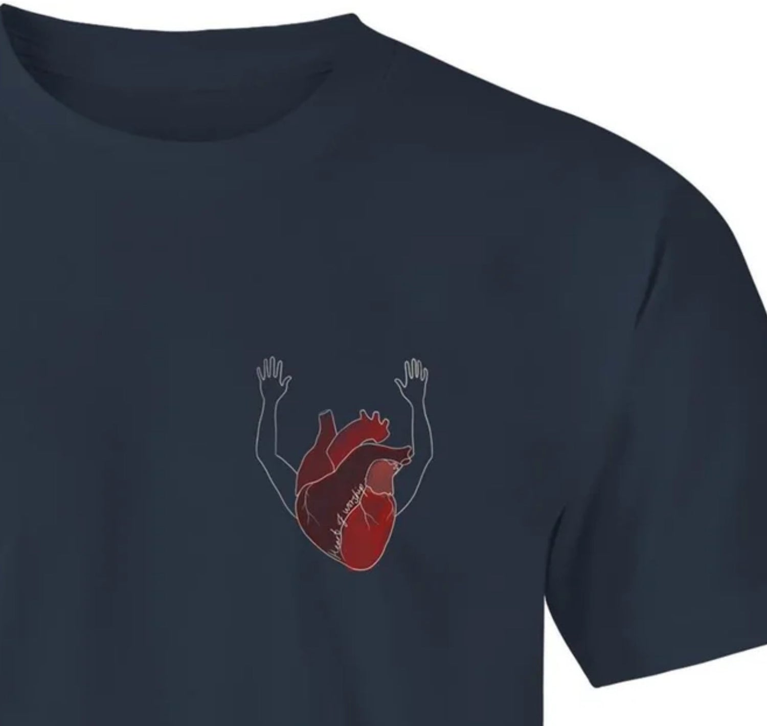 dark blue t-shirt with graphic on left chest showing a heart with abstract coloring with arms high in worship