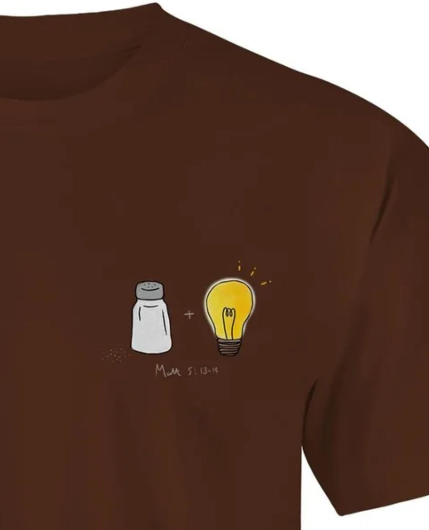 chocolate brown t-shirt with the graphic of a salt shaker and a light bulb on the left chest of the shirt