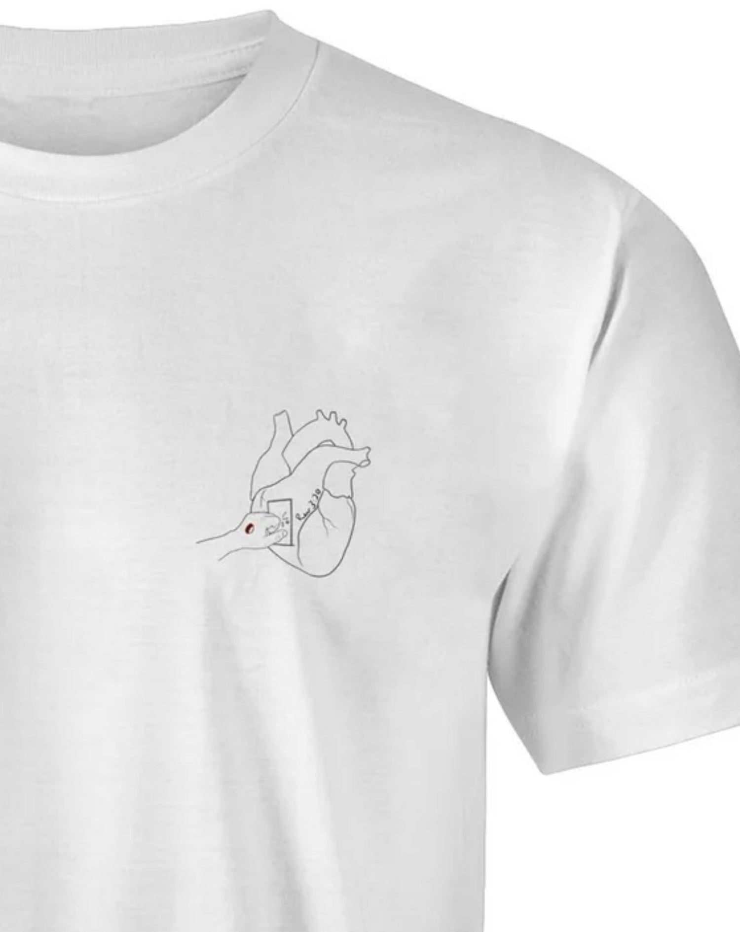 white t-shirt with the outline of a anatomical heart with a door - on the door is a hand knocking. the hand has a hole in it from being crucified - it is depicting Jesus