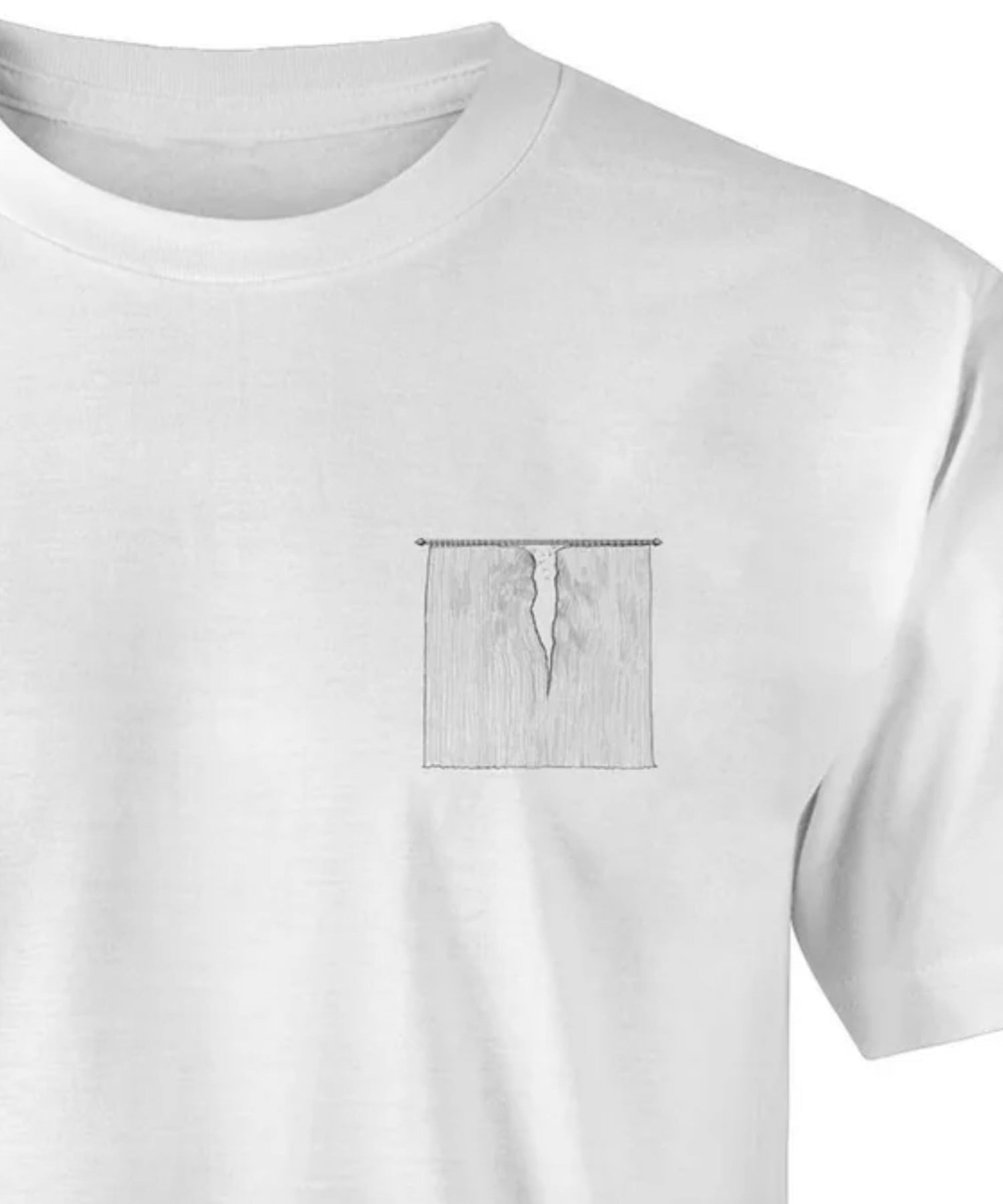 white t-shirt with graphic on left chest of curtain being torn in two from the top to the bottom 